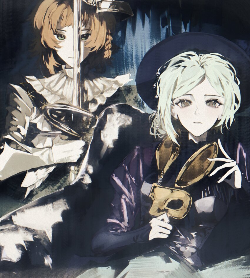 2girls black_dress black_hat closed_mouth dark_background dress eye_mask gloves green_eyes grey_eyes grey_hair hair_bun hand_up hat highres holding holding_mask holding_sword holding_weapon mask multiple_girls official_alternate_costume orange_hair rabbit_mask reverse:1999 single_side_bun sonetto_(reverse:1999) sword unworn_mask vertin_(reverse:1999) weapon white_dress white_gloves wilson_(wilson1151487)