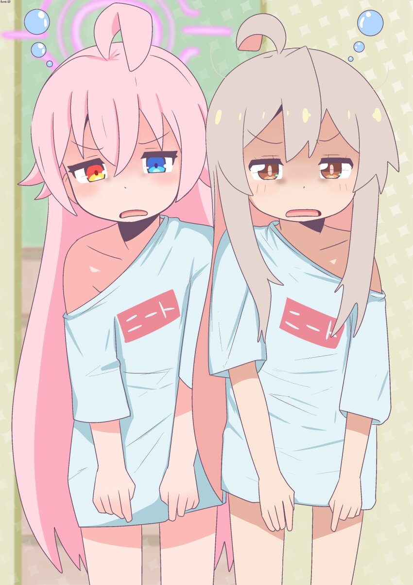 2girls absurdres ahoge bags_under_eyes bambi2000line blue_archive blue_eyes collarbone cosplay crossover genderswap genderswap_(mtf) halo heterochromia highres hoshino_(blue_archive) long_sleeves look-alike loose_clothes loose_shirt multiple_girls onii-chan_wa_oshimai! open_mouth orange_eyes oyama_mahiro oyama_mahiro_(cosplay) pink_hair shirt sleepy standing t-shirt yellow_eyes