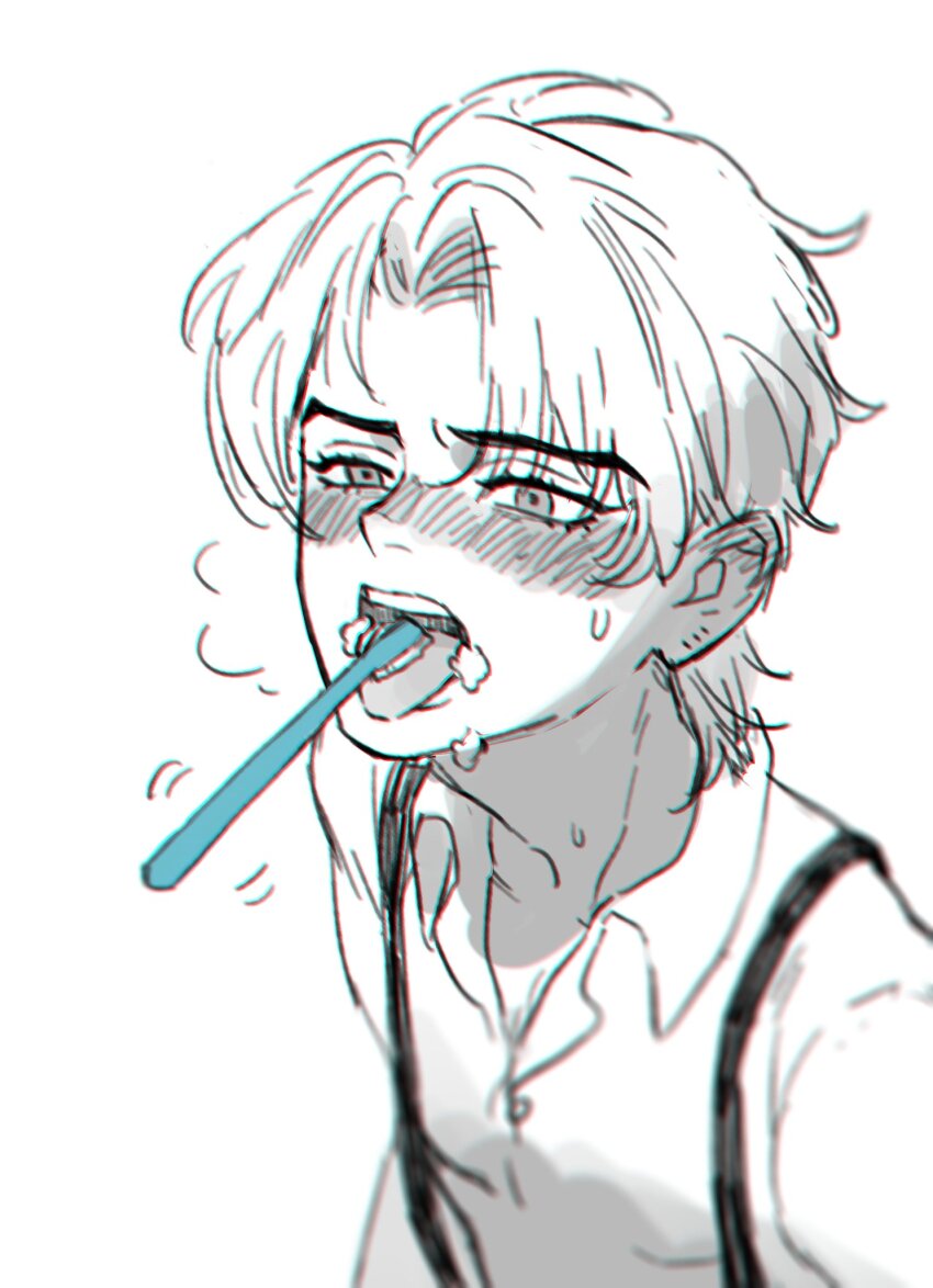 aged_down blush brushing_another&#039;s_teeth brushing_teeth dio_brando highres honlo invisible jojo_no_kimyou_na_bouken male_focus mole mole_on_ear open_mouth phantom_blood shirt short_hair suspenders sweatdrop teeth tongue tongue_out toothbrush toothbrush_in_mouth toothpaste