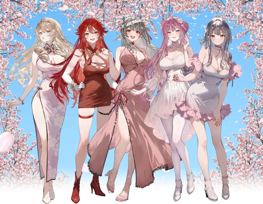 5girls artist_request blonde_hair blue_background cherry_blossoms crown_(nikke) dorothy_(nikke) dress goddess_of_victory:_nikke highres modernia_(nikke) multiple_girls official_alternate_costume official_art pink_hair red_eyes red_hair red_hood_(nikke) scarlet_(nikke) yellow_eyes