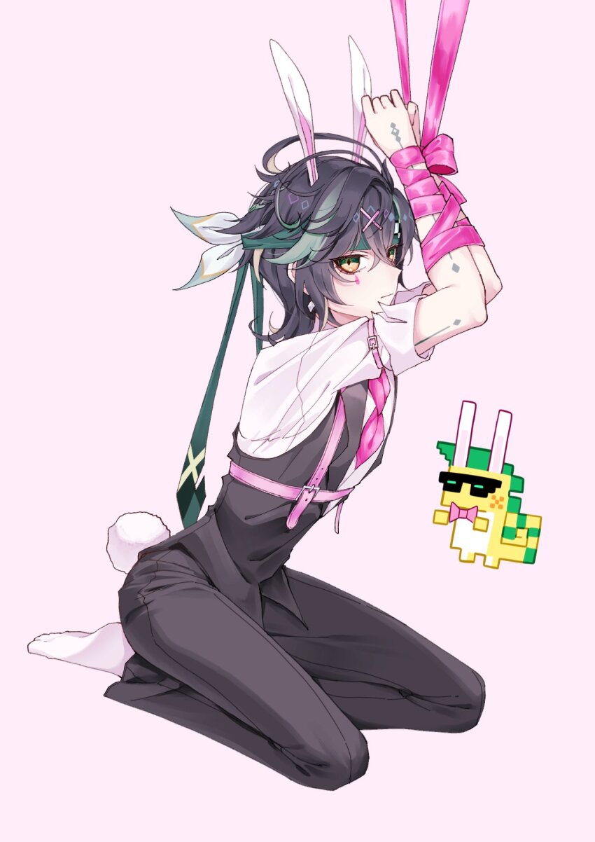 1boy ahoge ajaw_(genshin_impact) animal_ears bdsm black_hair black_pants black_vest bondage bound bound_wrists chest_harness closed_mouth commentary crossed_bangs earrings english_commentary genshin_impact green_hair green_headband hair_between_eyes hair_ornament harness headband highres jewelry k2injji kinich_(genshin_impact) lapels looking_at_viewer male_focus mark_under_eye medium_hair multicolored_hair necktie pants pink_background pink_necktie pink_ribbon rabbit_ears rabbit_hole_(vocaloid) rabbit_tail ribbon seiza short_sleeves simple_background sitting socks streaked_hair tail tattoo teardrop_facial_mark vest white_socks x_hair_ornament