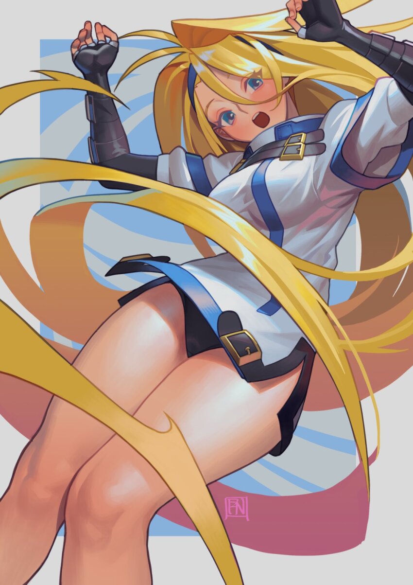 1girl bare_legs black_gloves blonde_hair blue_eyes blue_headband blush breasts fingerless_gloves gloves guilty_gear headband highres long_hair looking_at_viewer millia_rage poch4n prehensile_hair simple_background solo underwear very_long_hair white_background