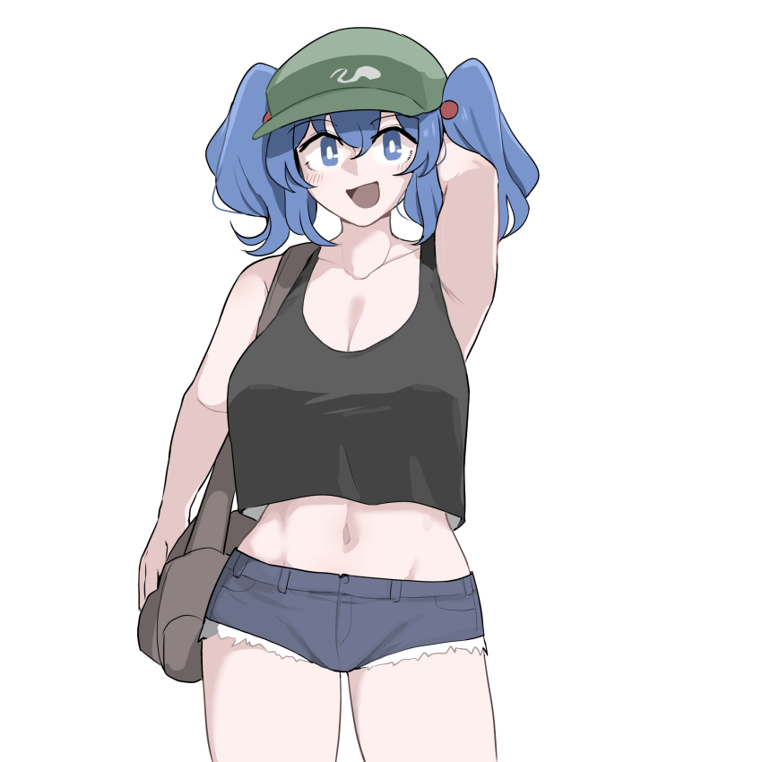 1girl arm_behind_head armpits bag black_tank_top blue_eyes blue_hair breasts cleavage collarbone denim denim_shorts flat_cap front_ponytail green_hat hair_bobbles hair_ornament hat highres kawashiro_nitori key large_breasts looking_at_viewer mata_(matasoup) midriff navel open_mouth short_hair shorts smile solo tank_top touhou twintails two_side_up
