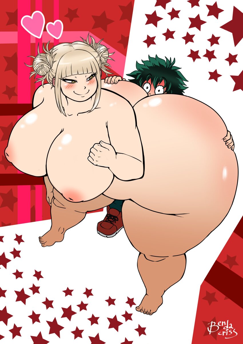 1boy 1girl absurdres ass bendacriss blonde_hair blush boku_no_hero_academia breasts clothed_male_nude_female completely_nude face_in_ass feet grabbing_another&#039;s_ass green_hair groping hand_on_another&#039;s_ass hands_on_another&#039;s_ass highres huge_ass huge_breasts inverted_nipples midoriya_izuku nipples nude plump shoes smile thick_thighs thighs toga_himiko yellow_eyes