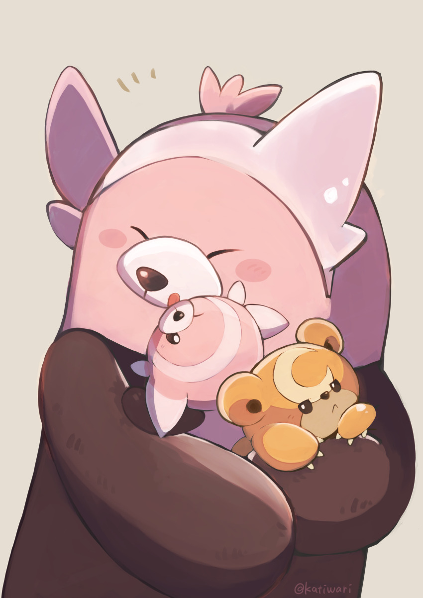 absurdres bewear blush_stickers claws closed_eyes closed_mouth commentary_request evolutionary_line gen_2_pokemon gen_7_pokemon grey_background half-closed_eyes highres jitome katiwari7293 licking licking_another&#039;s_face looking_at_viewer nintendo notice_lines pokemon pokemon_(creature) stufful teddiursa