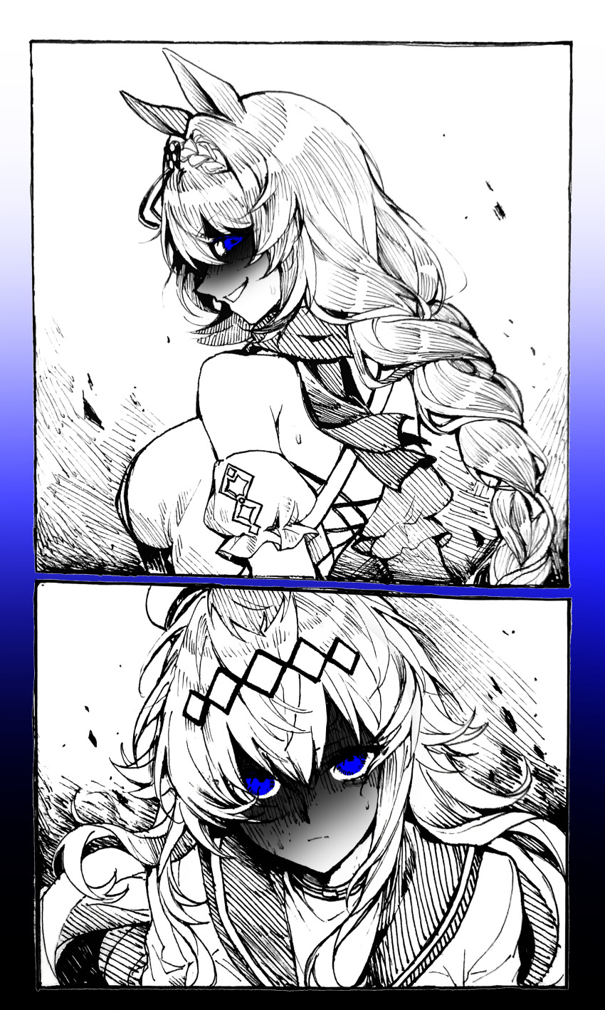 2girls absurdres animal_ears breasts evil_smile hair_between_eyes hair_intakes hair_ornament hairband highres horse_ears horse_girl large_breasts long_hair long_hair_between_eyes looking_at_another low-braided_long_hair low-tied_long_hair multiple_girls off-shoulder_shirt off_shoulder oguri_cap_(umamusume) parted_lips partially_shaded_face sailor_collar shirt smile spot_color super_creek_(umamusume) sweatdrop turn_pale tuwu_(user_yvte3782) umamusume umamusume:_cinderella_gray very_long_hair