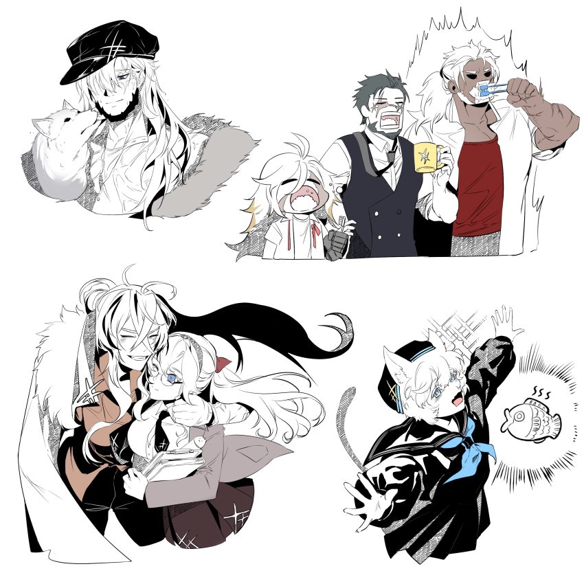 3boys 4girls absurdres afterimage alchemy_stars alternate_costume amol_0522 animal_ears antenna_hair aura barton_(alchemy_stars) black_necktie black_shirt black_skirt black_vest blue_eyes blue_neckerchief breasts brent_(alchemy_stars) brushing_teeth cat_ears cat_girl cat_tail closed_eyes closed_mouth coat collared_shirt crossed_bangs cup dark-skinned_male dark_skin food gargling glasses gram_(alchemy_stars) grin hat highres holding holding_cup holding_toothbrush hug long_hair medium_breasts multiple_boys multiple_girls neckerchief necktie one_eye_closed open_clothes open_mouth open_shirt outstretched_arms partially_colored philyshy_(alchemy_stars) prosthesis prosthetic_arm red_shirt reinhardt_(alchemy_stars) revy_(alchemy_stars) sailor_collar scar scar_on_arm scar_on_face shirt short_hair skirt smile sparkle spread_arms tail taiyaki teeth toothbrush vest vivian_(alchemy_stars) wagashi wolf
