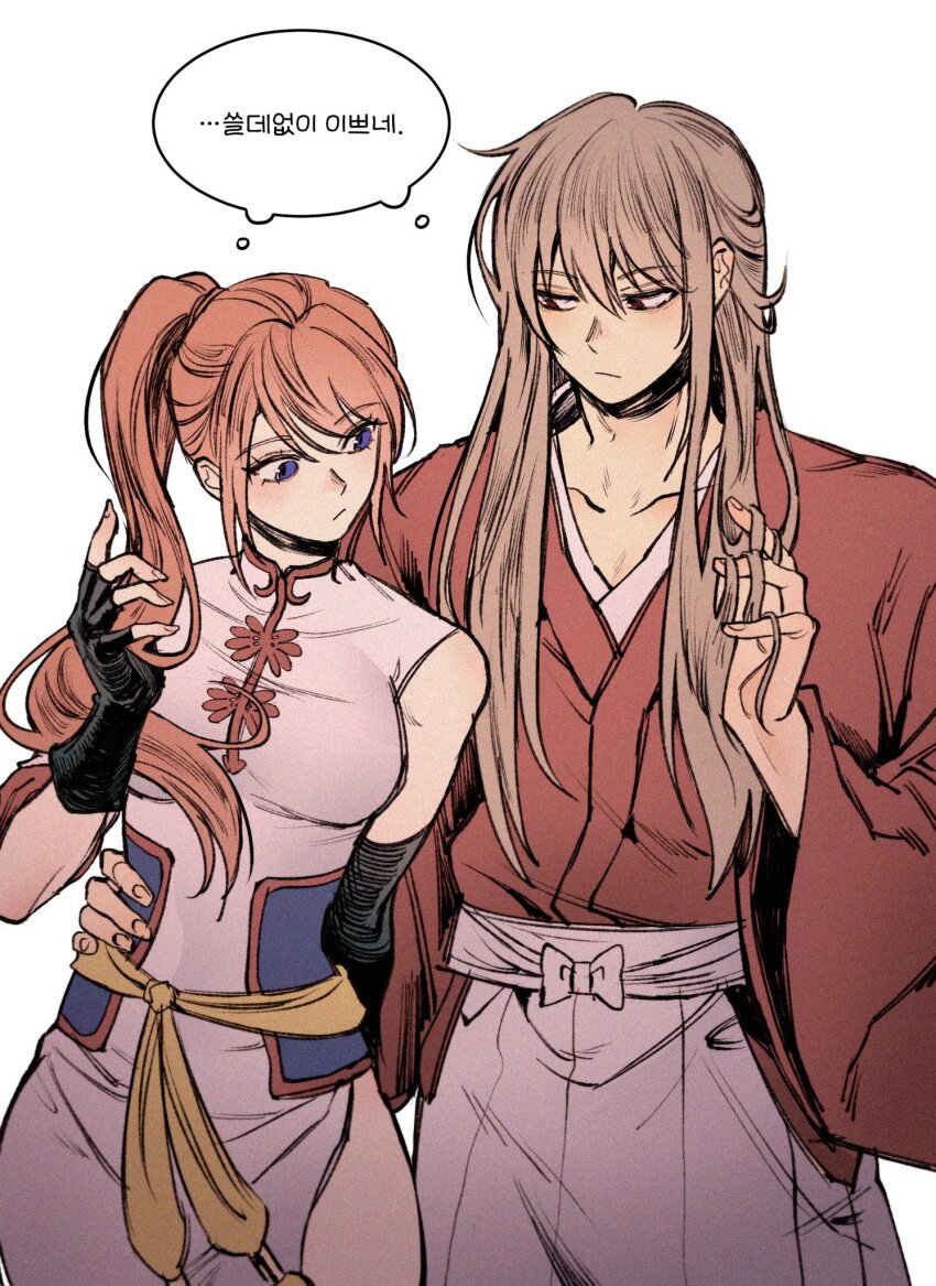 1boy 1girl aged_up blue_eyes brown_hair china_dress chinese_clothes couple dress g0nyag gintama highres japanese_clothes kagura_(gintama) korean_text long_hair okita_sougo orange_hair ponytail red_eyes simple_background