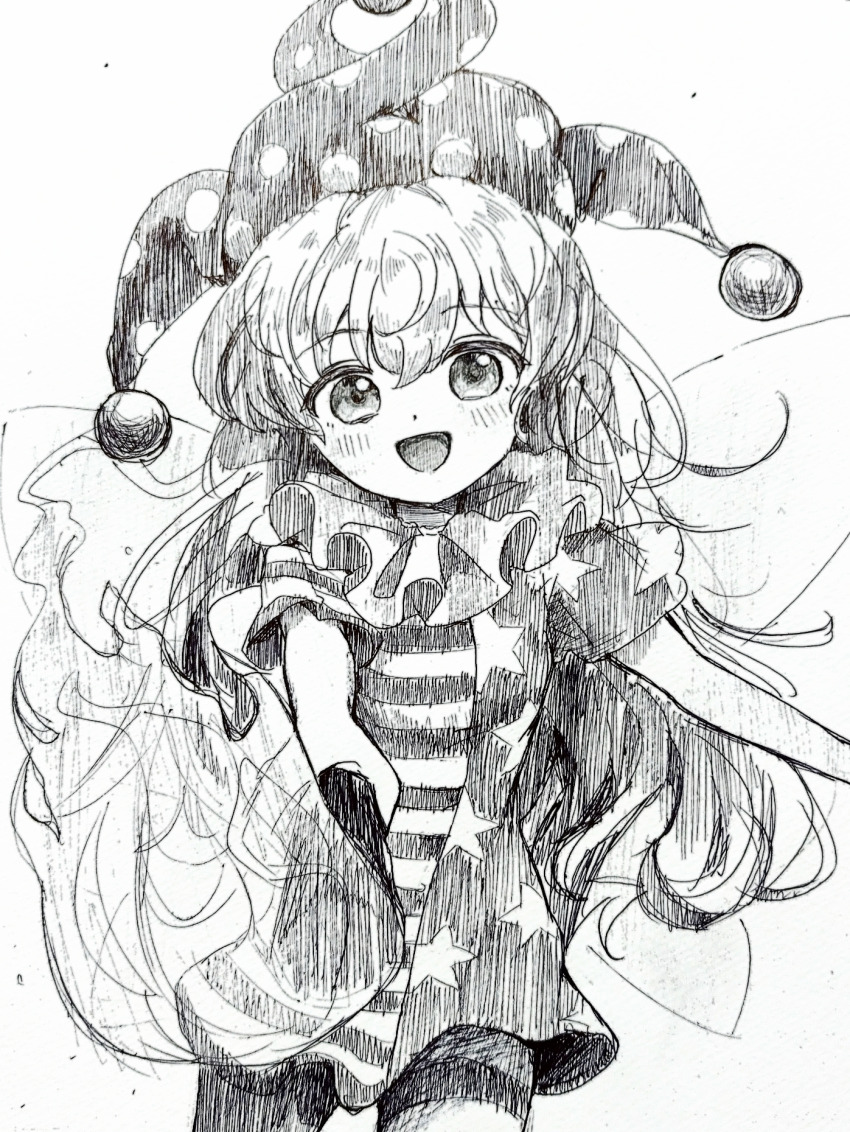 1girl :d american_flag_dress ballpoint_pen_(medium) blush clownpiece cowboy_shot fairy_wings fire foreshortening greyscale hat highres holding holding_torch jester_cap long_hair looking_at_viewer monochrome neck_ruff nene_man open_mouth pantyhose pen_(medium) polka_dot_headwear short_sleeves sketch smile solo standing star_(symbol) torch touhou traditional_media wings