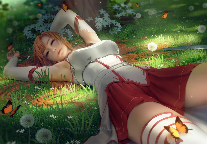 1girl arm_above_head armor armpits artist_name asuna_(sao) belt breastplate breasts brown_eyes brown_hair bug butterfly closed_mouth commentary dandelion day detached_sleeves english_commentary flower grass insect knights_of_blood_uniform_(sao) lips long_hair long_sleeves looking_at_viewer lying medium_breasts nose on_back on_grass outdoors paid_reward_available pleated_skirt realistic red_skirt shirt skirt solo sword sword_art_online thighhighs thighs tree very_long_hair waist_cape watermark weapon web_address white_belt white_shirt white_thighhighs zarory