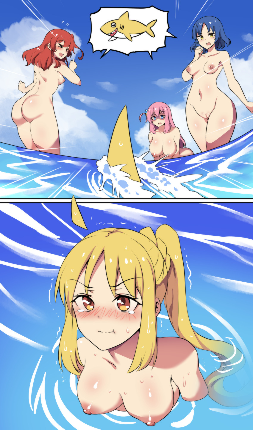 &gt;_&lt; 4girls absurdres ass blonde_hair blue_eyes blue_hair blue_sky blush bocchi_the_rock! breasts cloud completely_nude gotoh_hitori highres hinghoi ijichi_nijika kita_ikuyo large_breasts long_hair looking_at_another medium_breasts multiple_girls navel nipples nude nudist ocean outdoors pink_hair ponytail pout pussy red_hair scared shark short_hair skinny_dipping sky small_breasts swimming tearing_up tears wet yamada_ryo yellow_eyes