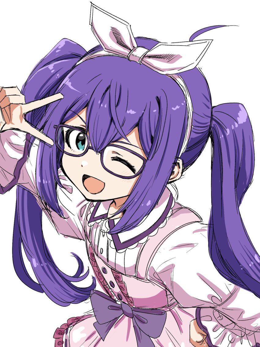 1girl ahoge alternate_hairstyle aqua_eyes bespectacled bow bow_hairband breasts dot_nose dress frilled_dress frills from_above glasses hair_between_eyes hairband hand_on_own_hip hand_up highres idolmaster idolmaster_million_live! idolmaster_million_live!_theater_days long_hair long_sleeves looking_at_viewer matcha_kingyo mochizuki_anna one_eye_closed open_mouth pink_dress pink_hairband pink_shirt puffy_long_sleeves puffy_sleeves purple-framed_eyewear purple_bow purple_hair shirt simple_background small_breasts smile solo twintails v v_over_eye waist_bow white_background