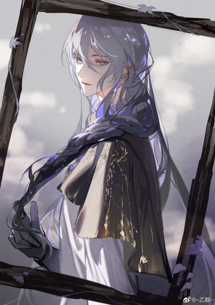 1boy absurdres black_cape black_gloves black_hair braid cael_anselm cape chinese_commentary closed_mouth earrings empty_picture_frame from_side gloves gradient_hair grey_background grey_hair hair_between_eyes hair_over_shoulder hand_up highres jewelry lips long_bangs long_hair looking_at_viewer looking_to_the_side lovebrush_chronicles male_focus multicolored_hair picture_frame purple_eyes shirt single_braid smile solo upper_body very_long_hair watermark weibo_watermark white_shirt yichun583