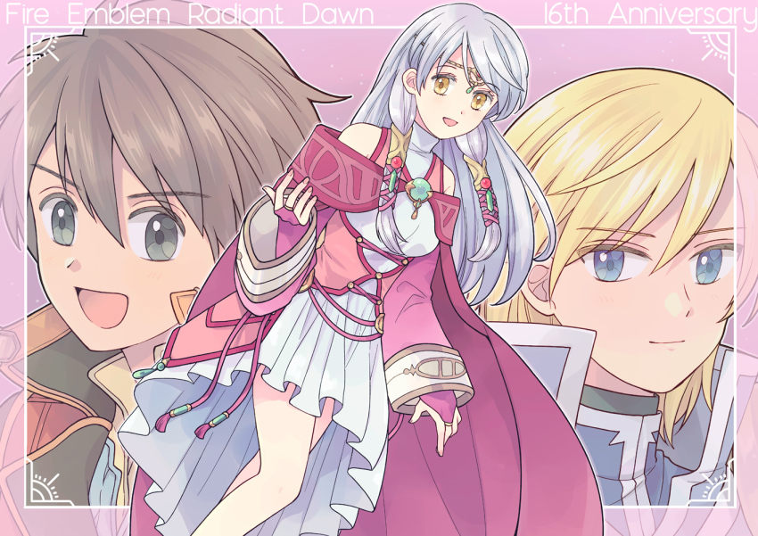 1girl 2boys :d anniversary bare_legs bare_shoulders blonde_hair blue_eyes border bridal_gauntlets brown_eyes brown_hair cape circlet copyright_name detached_sleeves dress edward_(fire_emblem) english_text fingerless_gloves fire_emblem fire_emblem:_radiant_dawn gloves grey_hair half_updo jewelry leonardo_(fire_emblem) long_hair micaiah_(fire_emblem) micaiah_(queen_of_dawn)_(fire_emblem) multiple_boys nagiyaki_(momomo77) nintendo open_mouth red_cape sleeveless sleeveless_dress smile turtleneck turtleneck_dress white_dress yellow_eyes