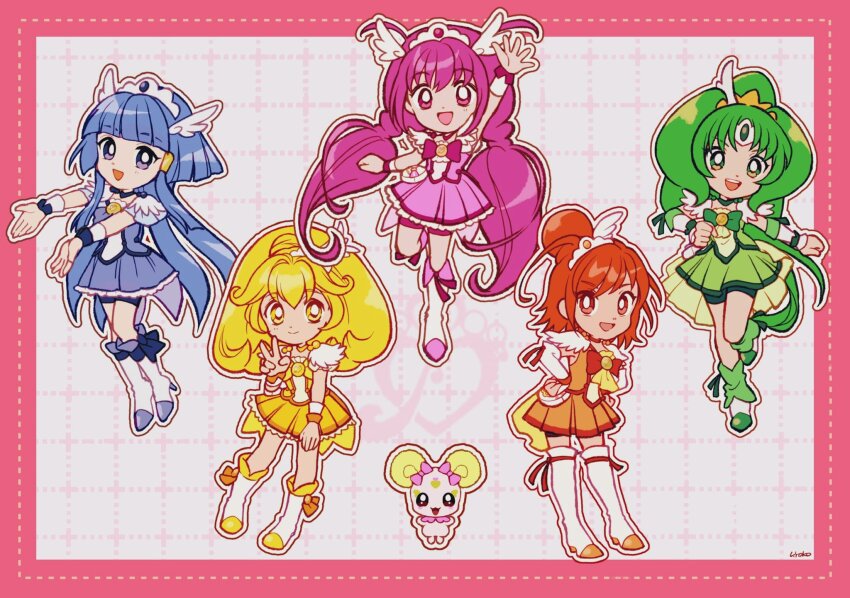 5girls anklet aoki_reika arm_up ascot bag_bow blonde_hair blue_bow blue_bowtie blue_choker blue_eyes blue_hair blue_shirt blue_shorts blue_skirt blue_wrist_cuffs blunt_bangs boots border bow bowtie bright_pupils brooch candy_(smile_precure!) choker circlet clenched_hand clenched_hands closed_mouth coattails cosmetics cure_beauty cure_happy cure_march cure_peace cure_sunny deformed dot_nose dotted_line eyelashes feather-trimmed_sleeves feather_sleeves footwear_bow footwear_ribbon frilled_skirt frilled_sleeves frills full_body gold_tiara green_ascot green_bow green_bowtie green_choker green_eyes green_hair green_ribbon green_shirt green_shorts green_skirt green_wrist_cuffs grey_background grid_background hair_between_eyes hair_bun hair_ornament hair_tubes hands_on_own_hips happy high_heel_boots high_heels high_ponytail highres hino_akane_(smile_precure!) hoshizora_miyuki jewelry kise_yayoi knee_boots leg_up long_hair long_sidelocks looking_at_viewer low_twintails magical_girl medium_hair midorikawa_nao mini_tiara miniskirt multiple_girls open_mouth orange_bow orange_hair orange_skirt orange_wrist_cuffs outline outside_border outstretched_arms pink_border pink_bow pink_bowtie pink_eyes pink_hair pink_ribbon pink_shirt pink_shorts pink_skirt pink_wrist_cuffs pleated_skirt ponytail precure red_bow red_bowtie red_choker red_eyes red_ribbon red_shorts ribbon ribbon_legwear shirt short_sleeves shorts shorts_under_skirt sidelocks signature single_hair_bun single_stripe skirt skirt_set smile smile_precure! standing striped_bow tareme teeth thigh_boots tiara train_(clothing) twintails twintails_with_hair_base upper_teeth_only uwded_207 v very_long_hair waist_bag white_arm_warmers white_bag white_boots white_outline white_pupils white_sleeves wing_hair_ornament wrist_cuffs yellow_ascot yellow_choker yellow_eyes yellow_shirt yellow_skirt