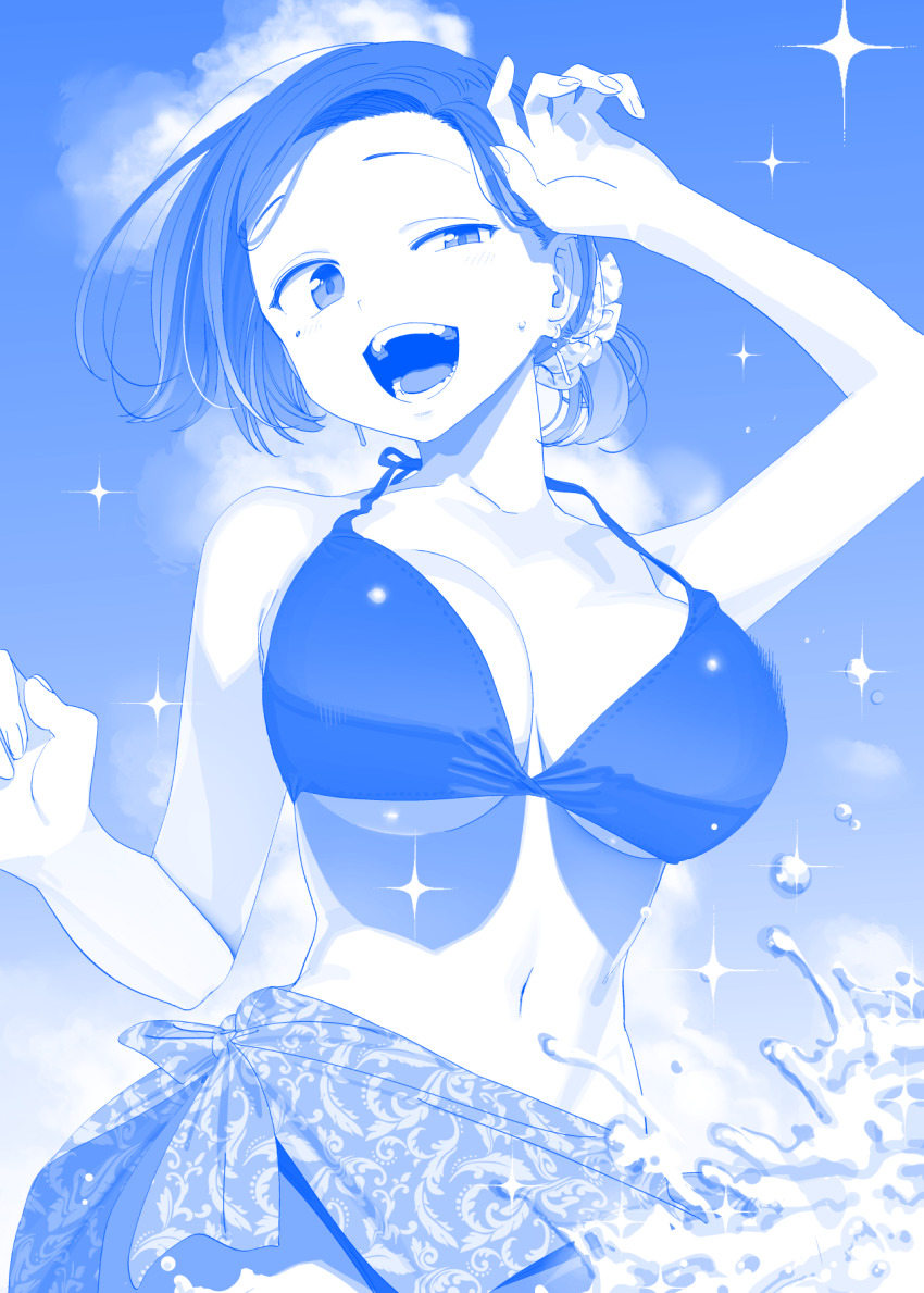 1girl bikini blue_theme breasts cleavage getsuyoubi_no_tawawa hair_ornament hair_scrunchie highres himura_kiseki kouhai-chan_(tawawa) large_breasts mole mole_under_eye navel open_mouth sarong scrunchie short_hair sparkle splashing swimsuit water