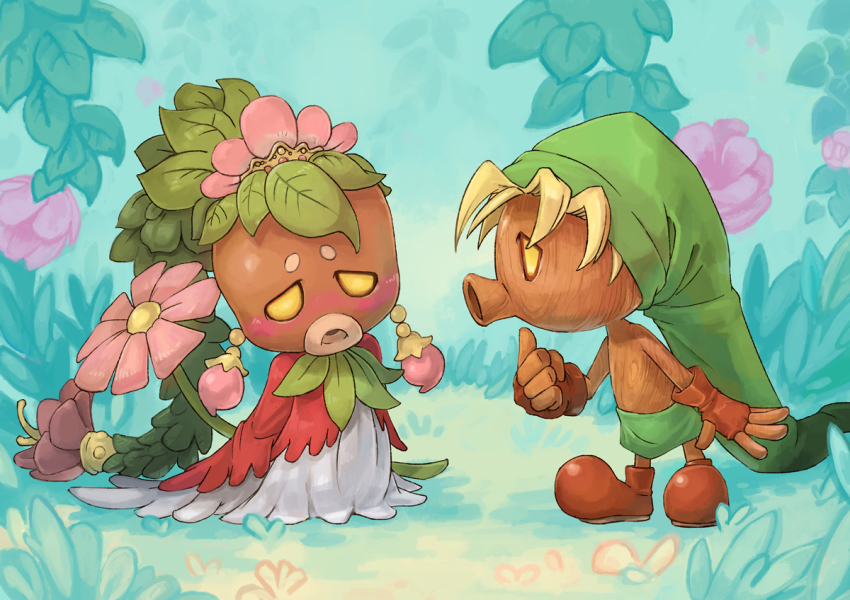 1boy 1girl blonde_hair blush boots deku deku_link deku_princess dress fingerless_gloves flower gloves grass hat leaf link nintendo plant polyacryla ponytail the_legend_of_zelda the_legend_of_zelda:_majora&#039;s_mask yellow_eyes
