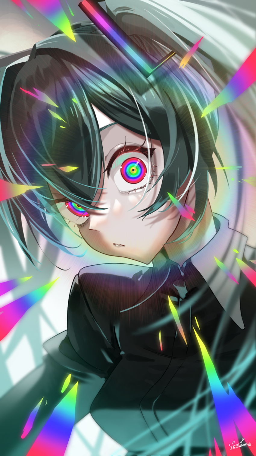 1girl aqua_hair black_shirt blue_eyes closed_mouth collared_shirt commentary_request hatsune_miku highres long_hair looking_at_viewer multicolored_eyes purple_eyes shirt solo twintails vocaloid yellow_pupils yurakusai