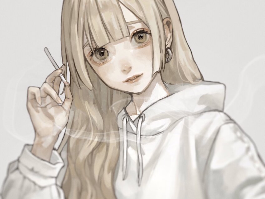 1girl blonde_hair cigarette drawstring earrings hand_up highres holding holding_cigarette hood hood_down hoodie hoop_earrings jewelry lips long_hair long_sleeves looking_at_viewer original parted_lips portrait sakauchi_waka simple_background smoke solo teeth white_background white_hoodie yellow_eyes