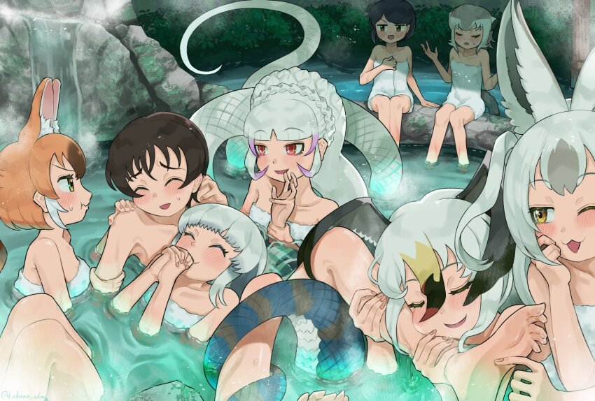 1boy 6+girls animal_ears bare_shoulders bathing black-tailed_gull_(kemono_friends) blunt_bangs blush brown_hair byakuda_(kemono_friends) covering_privates dhole_(kemono_friends) dog_ears dog_girl dog_tail extra_ears harem highres jealous kedama_(ughugjydthjdf) kemono_friends kemono_friends_3 komodo_dragon_(kemono_friends) long_hair meerkat_(kemono_friends) meerkat_ears meerkat_tail mixed-sex_bathing multicolored_hair multiple_girls naked_towel nude_cover onsen open_mouth partially_submerged pink_hair red_eyes shared_bathing short_hair sidelocks smile snake_girl snake_tail snowshoe_hare_(kemono_friends) soaking_feet steam tail towel two-tone_hair very_long_tail white_hair