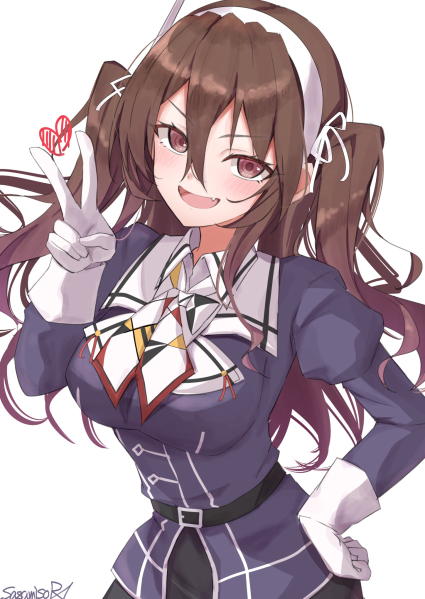 1girl artist_name ashigara_(kancolle) black_skirt blush brown_eyes brown_hair dress fang gloves hair_between_eyes hairband heart highres jacket kantai_collection long_hair long_sleeves military_uniform open_mouth purple_dress purple_jacket sazamiso_rx signature simple_background skirt smile solo two_side_up upper_body v white_background white_gloves white_hairband