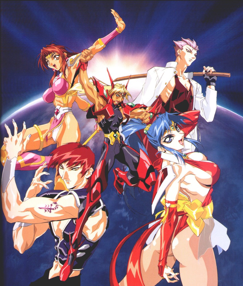 1990s_(style) armor ass breasts choujin_gakuen_gowcaizer dvd fang fingernails gowcaizer highres hishizaki_shaia_(gowcaizer) kaiza_isato kash_gyustan long_fingernails official_art oobari_masami power_armor retro_artstyle shigure_kyosuke sideboob son_karin spandex technos