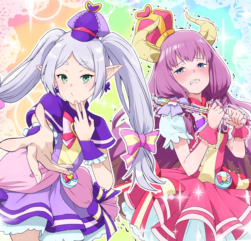 2girls absurdres alternate_costume aura_(sousou_no_frieren) aura_bullying_(meme) blue_eyes blush bow bowtie brooch cape commentary cosplay cowboy_shot crown cure_friendy cure_friendy_(cosplay) cure_wonderful cure_wonderful_(cosplay) demon_girl demon_horns dress dress_bow friendly_tact frieren frown gradient_background green_eyes grimace hair_bow hair_over_shoulder half-closed_eyes hand_up hands_up heart heart_brooch highres holding holding_wand horns inukai_iroha inukai_komugi jewelry keijirou_(mukunozaltusou) long_hair magical_girl meme multiple_girls o3o outstretched_arm parted_bangs petticoat pink_bow pink_crown pink_dress pink_wrist_cuffs pointy_ears pouch precure puffy_short_sleeves puffy_sleeves purple_bow purple_bowtie purple_cape purple_dress purple_hair purple_wrist_cuffs quad_braids rainbow_background red_bow red_bowtie red_dress short_dress short_sleeves sousou_no_frieren standing tanezaki_atsumi tearing_up translated trembling twintails upper_body voice_actor_connection wand white_hair wonderful_precure! wrist_cuffs yellow_bow