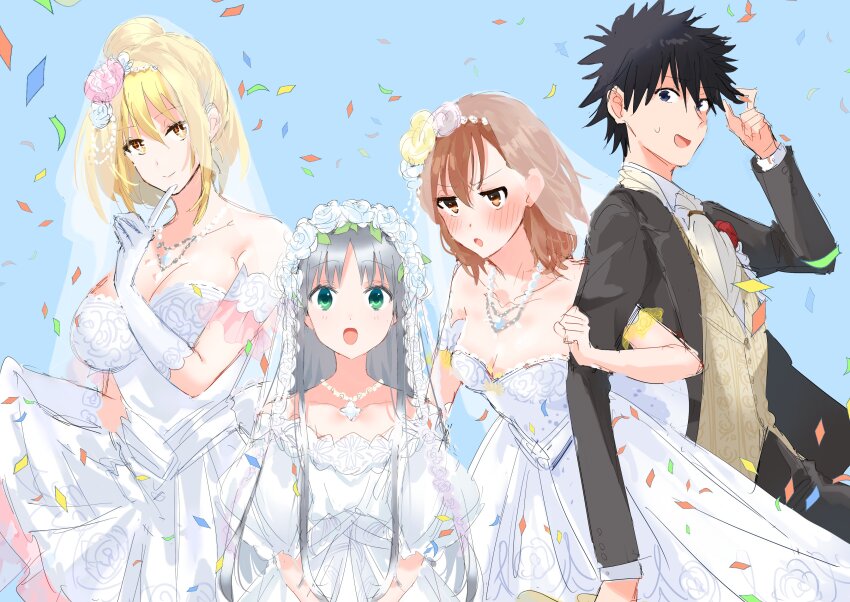 1boy 3girls absurdres blonde_hair blush breasts brown_eyes brown_hair dress flower gloves green_eyes hair_ornament highres index_(toaru_majutsu_no_index) kamijou_touma large_breasts long_hair looking_at_viewer medium_hair misaka_mikoto multiple_girls nmdsk open_mouth robe shokuhou_misaki short_hair smile spiked_hair star_(symbol) symbol-shaped_pupils toaru_majutsu_no_index veil wedding_dress white_gloves white_hair white_robe yellow_eyes