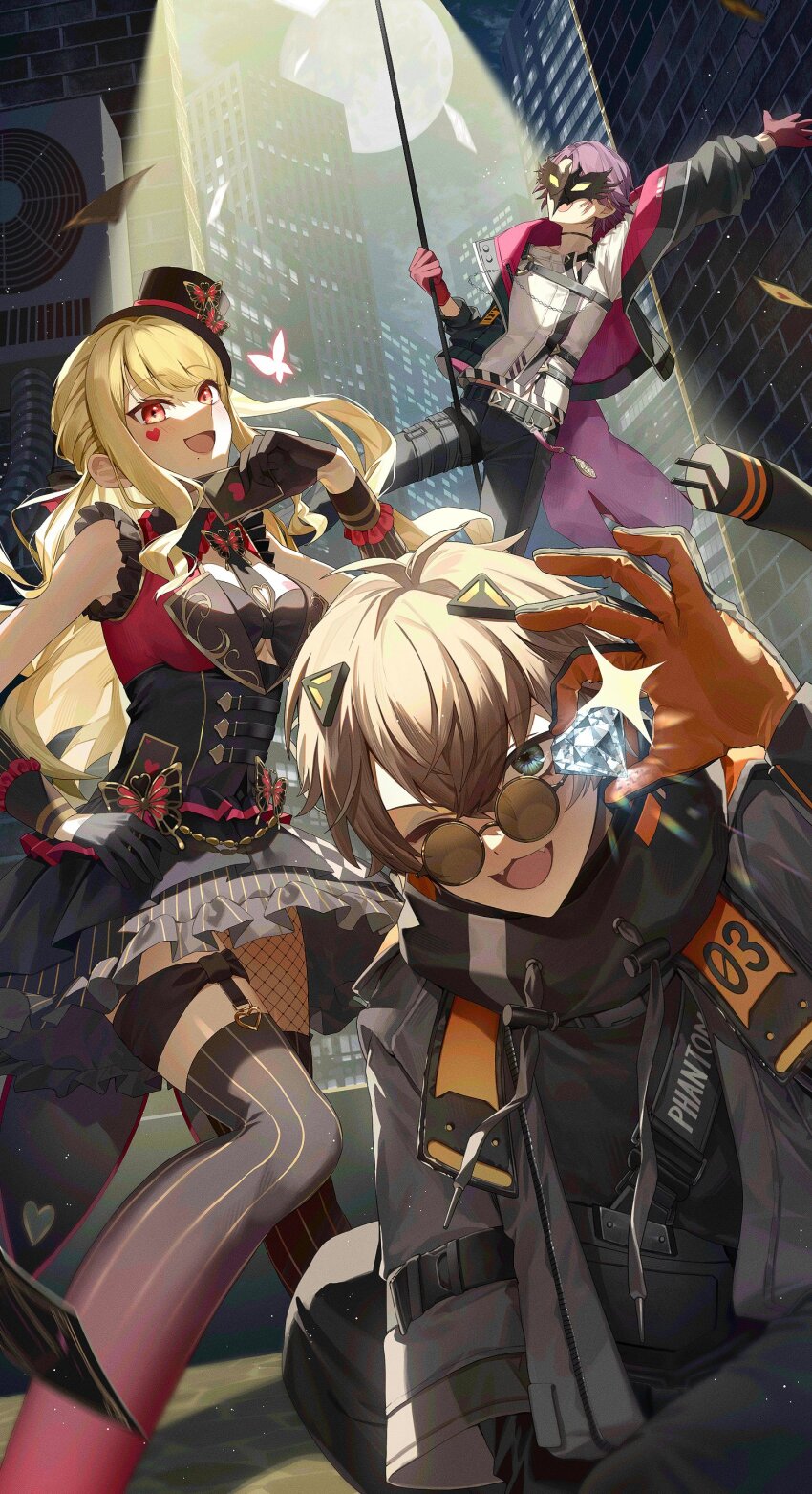 1girl 2boys :d ;d absurdres alban_knox alban_knox_(1st_costume) antenna_hair arm_up belt black_belt black_choker black_gloves black_hat black_hoodie black_jacket black_mask black_necktie black_pants black_skirt black_thighhighs blonde_hair breasts brooch brown-tinted_eyewear brown_hair bug building butterfly butterfly_brooch butterfly_hat_ornament card chain chest_harness choker city coat collared_shirt commentary condenser_unit crossed_bangs diamond_(gemstone) drawstring english_commentary eye_mask eyelashes facial_mark fangs fishnets frilled_shirt frilled_shirt_collar frilled_skirt frills full_moon gem glasses gloves glowing_butterfly gradient_thighhighs grey_coat grey_eyes hair_between_eyes hand_on_own_hip hand_up harness hat hat_ornament heart heart_facial_mark high-waist_skirt highres holding holding_card holding_gem hood hood_down hoodie insect jacket jewelry large_breasts light_particles long_hair long_sleeves looking_at_viewer luis_cammy luis_cammy_(7th_costume) mask mini_hat mini_top_hat mole mole_under_mouth moon multiple_boys necktie night night_sky nijisanji nijisanji_en o-ring o-ring_harness off_shoulder one_eye_closed open_clothes open_coat open_jacket open_mouth orange_gloves outdoors pants parted_bangs playing_card puffy_long_sleeves puffy_sleeves purple_hair red_eyes red_gloves red_shirt red_thighhighs reg_(regulus_iii) round_eyewear shirt short_hair short_necktie sidelocks sitting skirt sky skyscraper sleeveless sleeveless_shirt smile sparkle spotlight standing thigh_strap thighhighs tinted_eyewear top_hat two-sided_fabric two-sided_jacket two-tone_gloves virtual_youtuber watarai_hibari watarai_hibari_(1st_costume) white_shirt