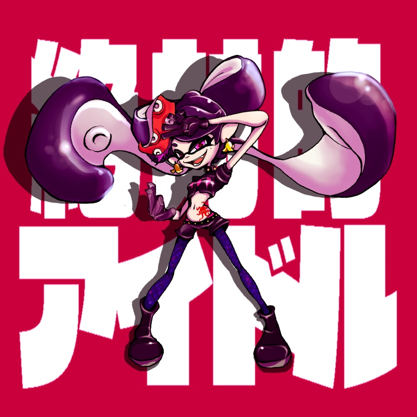 ankle_boots belt black_gloves black_hair black_shirt black_shorts boots bow bow-shaped_hair callie_(octo_idol_outfit)_(splatoon) callie_(splatoon) collar cowlick crop_top earrings eye_mask eyelashes fangs fish_(food) food food_on_head gloves gold_earrings hand_up hat highres hitsuji_(pixiv2228990) jewelry legs_apart long_hair long_pointy_ears midriff mole mole_under_eye multicolored_hair navel nintendo object_on_head octopus_sashimi octopus_sausage_earrings octopus_tattoo official_alternate_costume open_mouth padded_shoulders pale_skin panties panty_straps pantyhose pink_eyes pink_hat pink_leaf pink_panties pink_shiso_leaf pointy_ears puffy_short_sleeves puffy_sleeves purple_pantyhose purple_pupils red_background red_tattoo sashimi sequins shirt shoes short_eyebrows short_shorts short_sleeves shorts simple_background smile spiked_collar spiked_waistband spikes splatoon_(series) splatoon_2 standing star-shaped_pupils star_(symbol) stomach_tattoo studded_belt studded_collar suction_cups swept_bangs symbol-shaped_pupils tattoo tentacle_hair thick_eyebrows twintails underwear very_long_hair