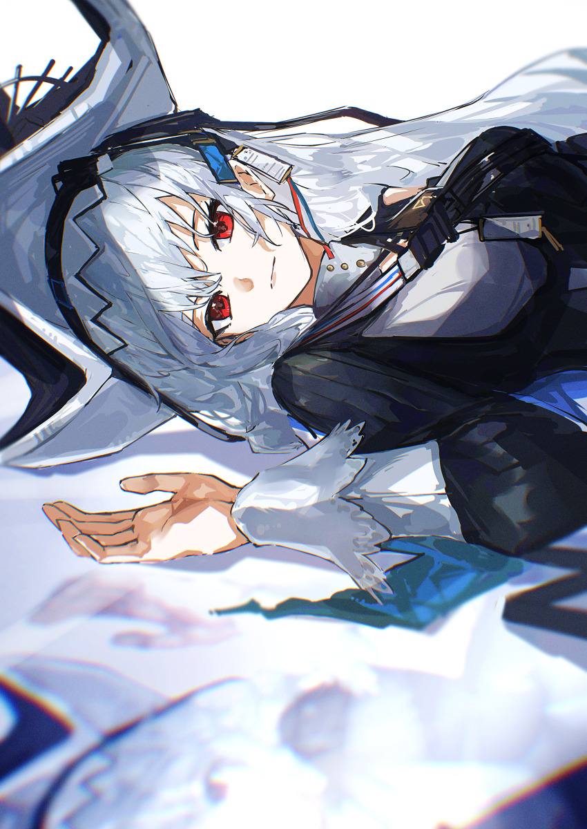 1girl absurdres arknights black_hat blurry chromatic_aberration closed_mouth commentary_request hair_between_eyes hair_ornament hat highres long_hair long_sleeves looking_at_viewer lying on_back red_eyes simple_background solo specter_(arknights) specter_the_unchained_(arknights) sudadachi two-sided_fabric two-sided_headwear white_background white_hair white_hat