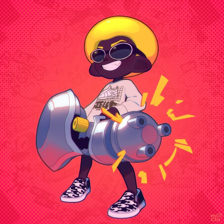 1boy absurdres afro commentary dark-skinned_male dark_skin full_body gun highres holding holding_gun holding_weapon inkumochi male_focus nautilus_(splatoon) nintendo octoling octoling_boy octoling_player_character print_shirt red_background shirt short_hair smile solo splatoon_(series) splatoon_3 standing sunglasses teeth very_dark_skin weapon white_shirt