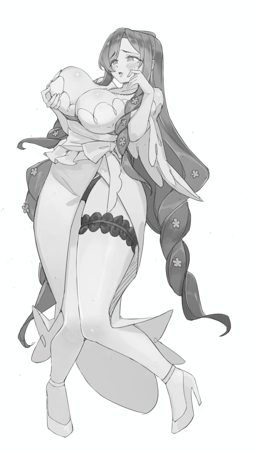 1girl absurdres blush breasts hanazono_hahari highres hornfelstone kimi_no_koto_ga_dai_dai_dai_dai_daisuki_na_100-nin_no_kanojo large_breasts long_hair panties panty_peek simple_background sketch thighs underwear white_background