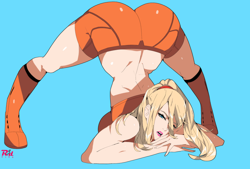1girl artist_logo ass blonde_hair blue_eyes breasts crop_top flexible full_body highres jack-o&#039;_challenge large_breasts legs logo long_hair looking_at_viewer meme metroid metroid:_zero_mission mole mole_under_mouth nintendo ponytail r3dfive samus_aran shorts simple_background smile solo spread_legs top-down_bottom-up white_background