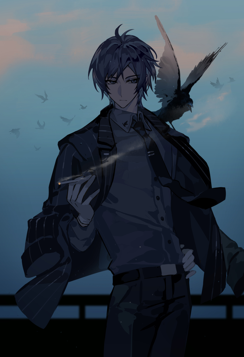 1boy absurdres animal animal_on_shoulder bird bird_on_shoulder black_necktie blue_eyes blue_hair blue_theme cigarette collared_shirt commentary crow dark_blue_hair english_commentary formal_clothes hand_on_own_hip highres holding holding_cigarette jacket kaito_(vocaloid) kazenemuri long_sleeves looking_to_the_side male_focus muted_color necktie open_clothes open_jacket shirt short_hair sky smoking solo standing vocaloid