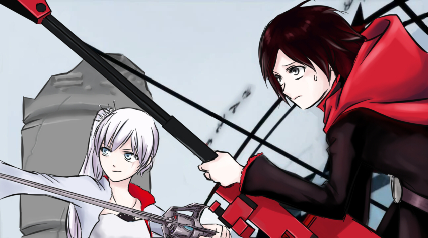 2girls black_eyes blue_eyes cape dress holding_sword long_hair lyy multiple_girls ponytail rapier red_hair ruby_rose rwby scar scythe short_hair sweatdrop sword weapon weiss_schnee white_hair