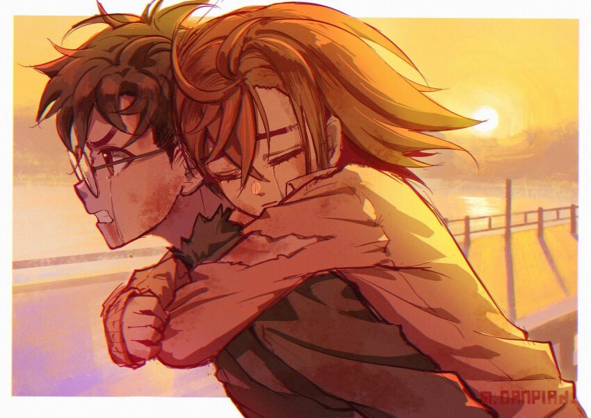 1boy 1girl arms_around_neck ayase_momo battle_damage black_hair black_jacket brown_eyes brown_hair bruise bruise_on_arm bruise_on_face carrying closed_mouth commentary_request crying crying_with_eyes_open dandadan danieldanlllll from_side gakuran glasses hair_between_eyes highres injury jacket kami_high_school_uniform long_sleeves medium_hair orange_sky outdoors piggyback pink_sweater profile school_uniform short_hair sky sun sunset sweater takakura_ken_(dandadan) tears torn_clothes upper_body