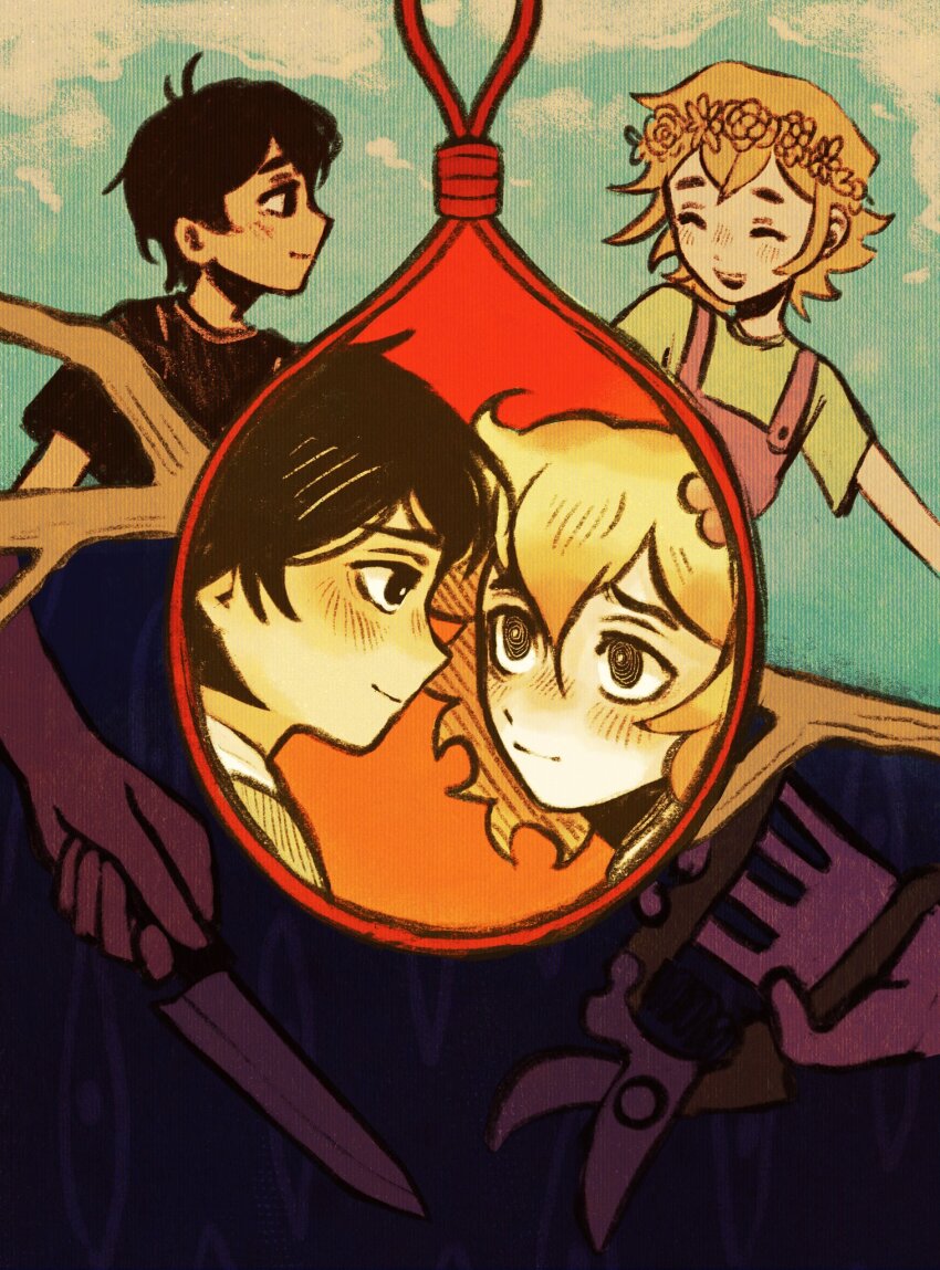 2boys aged_down alternate_costume alternate_eye_color antenna_hair basil_(faraway)_(omori) basil_(omori) black_eyes black_hair black_shirt blonde_hair blue_overalls blush bright_pupils closed_mouth double-parted_bangs flower flower_wreath gardening_shears green_shirt hair_between_eyes hair_flower hair_ornament head_wreath highres holding holding_knife knife looking_at_another male_focus multiple_boys noose omori open_mouth ottie_pops overalls shirt short_hair short_sleeves sidelocks smile spoilers stick sunny_(omori) t-shirt teeth upper_teeth_only white_pupils