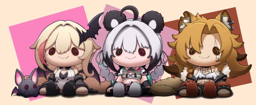 3girls absurdres ahoge animal_ear_fluff animal_ears black_hair black_pants black_shoes blonde_hair brown_hair button_eyes buttons character_doll clero_(viprimo) colored_tips crop_top doll earrings grey_hair highres hyena_girl chromashift indie_virtual_youtuber jewelry kou_mariya midriff mole mole_under_eye multicolored_hair multiple_girls panda_ears panda_girl pants pink_hair scar scar_across_eye scar_on_face shoes smile strap_slip stuffed_bat tank_top utano_pandora v4mirai virtual_youtuber white_tank_top wings x_navel yena_youngblood