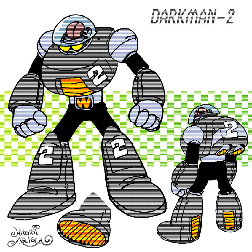 1boy ariga_hitoshi armor artist_name belt black_bodysuit bodysuit boots breastplate character_name reference_sheet checkered_background clenched_hands commentary_request concept_art dark_man facing_down from_behind full_body glass gradient_background green_background grey_armor grey_belt highres humanoid_robot industrial_pipe joints knee_boots green_background looking_ahead male_focus mega_man_(classic) mega_man_(series) mega_man_5 mega_man_megamix multiple_views no_humans robot robot_joints scanlines shoe_soles signature simple_background solid_eyes standing three_quarter_view turnaround white_background yellow_eyes