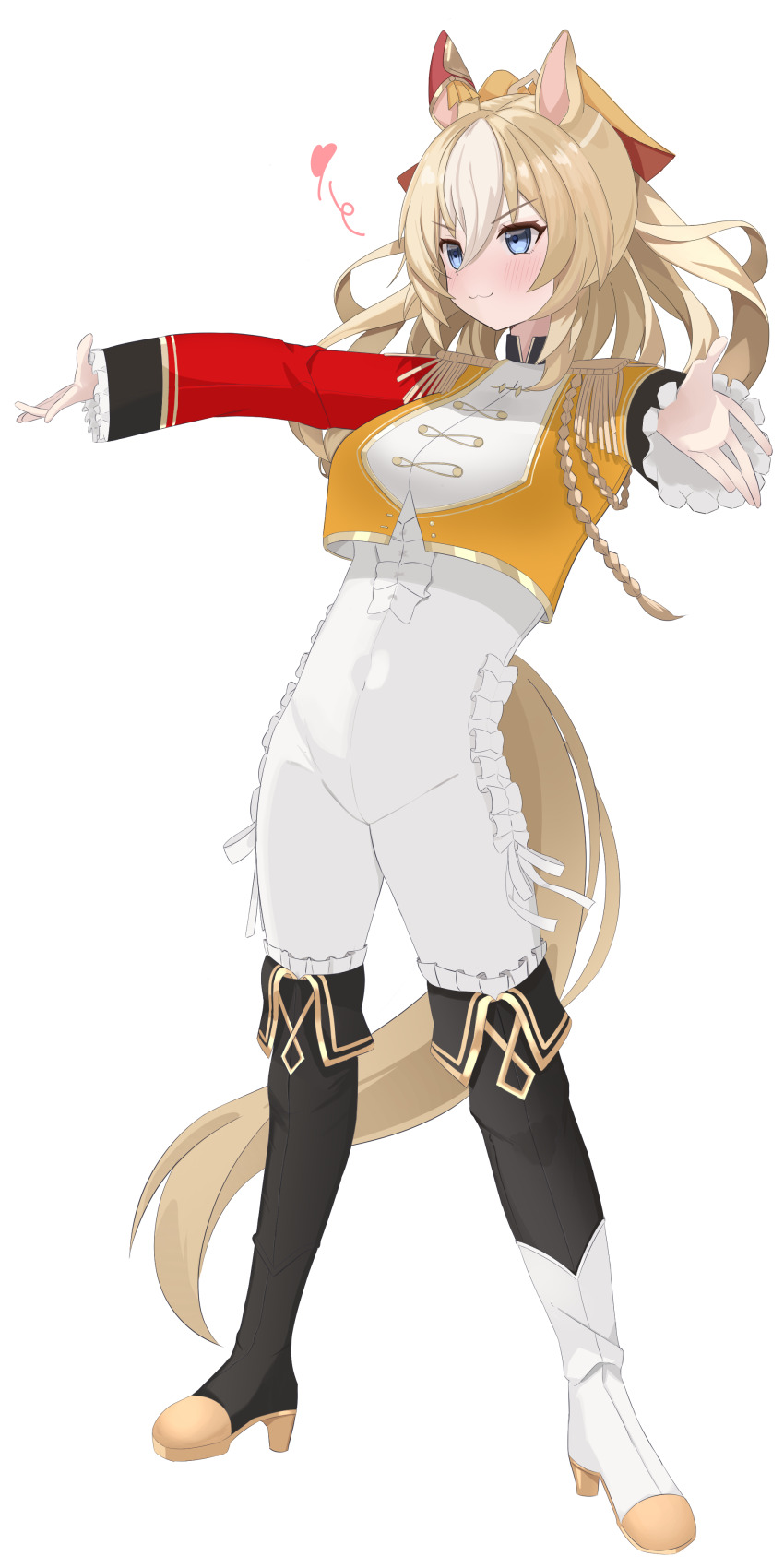1girl absurdres animal_ears black_boots blonde_hair blue_eyes bodysuit boots durandal_(umamusume) ear_covers epaulettes frilled_bodysuit full_body hair_between_eyes highres horse_ears horse_girl horse_tail long_hair looking_at_viewer multicolored_hair sha_(user_kupm7858) signature simple_background single_ear_cover solo tail two-tone_hair umamusume white_background white_bodysuit white_hair