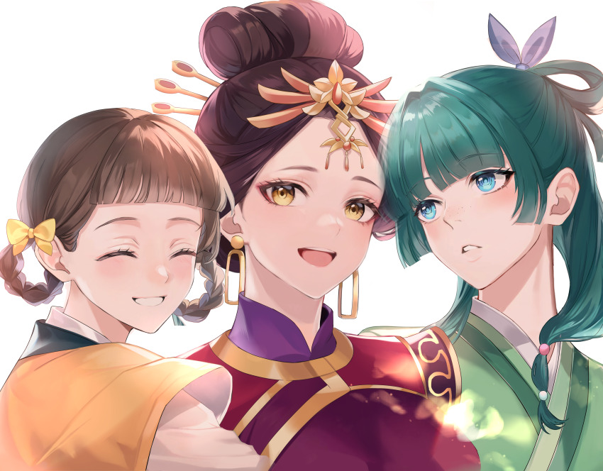 3girls absurdres animo_sss blue_eyes blue_ribbon blush bow braid braided_hair_rings breasts brown_hair chinese_clothes chinese_hairpin closed_eyes cowboy_shot ear_piercing earrings eyebrows_hidden_by_hair eyes_visible_through_hair green_hair hair_bow hair_ornament hair_ribbon hair_rings half_updo highres jewelry kusuriya_no_hitorigoto looking_at_another looking_at_viewer loulan_(kusuriya_no_hitorigoto) maomao_(kusuriya_no_hitorigoto) medium_breasts multiple_girls open_mouth piercing ribbon smile teeth tongue white_background xiaolan_(kusuriya_no_hitorigoto) yellow_bow yellow_eyes