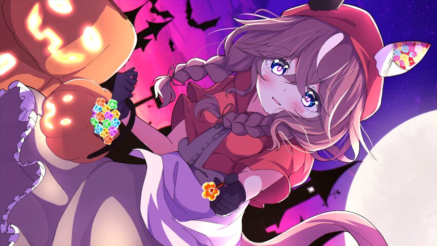 1girl absurdres alternate_costume animal_ears blush braid breasts brown_eyes brown_hair candy curren_bouquetd&#039;or_(umamusume) dutch_angle food full_moon gloves halloween highres hood hoodie horse_ears horse_girl looking_at_viewer low_twin_braids moon night open_mouth reaching reaching_towards_viewer solo twin_braids umamusume utsubo_(u-tubo)