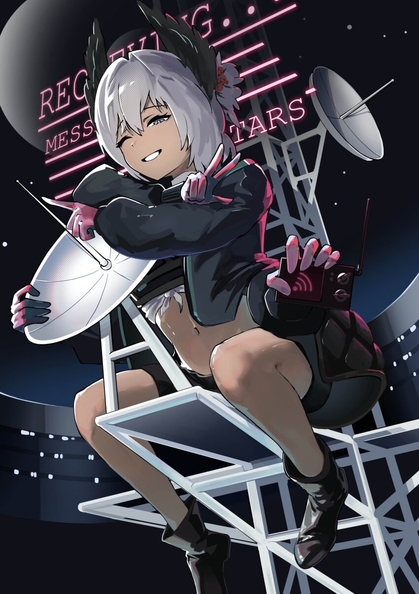 1girl arknights bird_girl black_feathers black_jacket building dark-skinned_female dark_skin english_text extra_arms feather_hair feathers gloves grey_eyes head_wings highres holding_radio jacket jambaeng midriff moon navel night night_sky one_eye_closed open_clothes open_jacket open_mouth outdoors pink_gloves pointing radio radio_antenna radio_tower raidian_(arknights) satellite_dish shirt short_hair sitting sky skyscraper smile solo star_(sky) stomach tied_shirt two-tone_gloves v wings