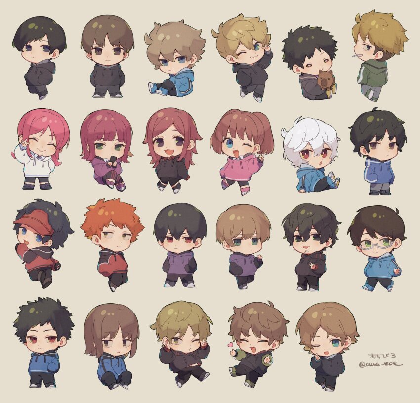 4girls 6+boys :d ;d ^_^ adapted_costume animal annotated aqua_eyes arm_support aua_eoe black_footwear black_hair black_hoodie black_pants black_shorts blonde_hair blue_eyes blue_footwear blue_hoodie brown_background brown_hair chibi cigarette closed_eyes double_v drawstring facing_viewer frown full_body green_eyes green_footwear green_hoodie grey_hair grey_hoodie grey_pants grin hands_in_pockets heart highres hiura_akane hood hood_down hoodie hyuse inukai_sumiharu invisible_chair izumi_kouhei jumping karasuma_kyousuke katori_youko kazama_souya kikuchihara_shirou knees_up kuga_yuuma kunichika_yuu leg_up light_brown_hair long_hair long_sleeves looking_at_viewer looking_away looking_back midorikawa_shun mikumo_osamu miwa_shuuji mizukami_satoshi_(world_trigger) mouth_hold multiple_boys multiple_girls narasaka_touru ninomiya_masataka oki_kouji one_eye_closed open_mouth orange_hair ouji_kazuaki pants pink_hair pink_hoodie pink_shoes purple_footwear purple_hoodie raijinmaru red_eyes red_hair red_headwear red_hoodie rindou_youtarou shoe_soles shoes short_hair shorts sideways_glance simple_background sitting smile sneakers spiked_hair standing suwa_koutarou tachikawa_kei taketomi_sakurako tsuji_shinnosuke twintails undercut v visor_cap walking white_hair world_trigger yuitsuka_karin