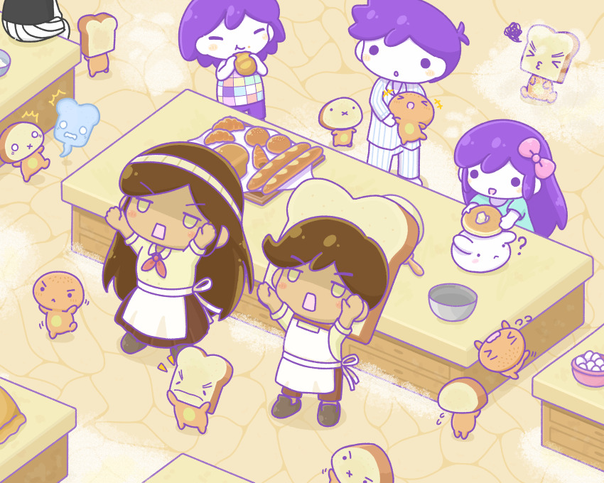 2girls 4boys ? absurdres aubrey_(headspace)_(omori) aubrey_(omori) baguette biscuit_(omori) blue_shirt bow bread brown_hair chibi closed_mouth colored_skin croissant dark-skinned_female dark-skinned_male dark_skin doughie_(omori) eating food hair_bow hero_(headspace)_(omori) hero_(omori) highres holding holding_food kel_(headspace)_(omori) kel_(omori) long_hair multiple_boys multiple_girls omori omori_(omori) open_mouth pancake_bunny_(omori) pink_bow purple_hair sesame_(omori) shirt short_hair short_sleeves slice_(omori) sourdough_(omori) toast_ghost_(omori) wafu_(wafu39080) white_skin