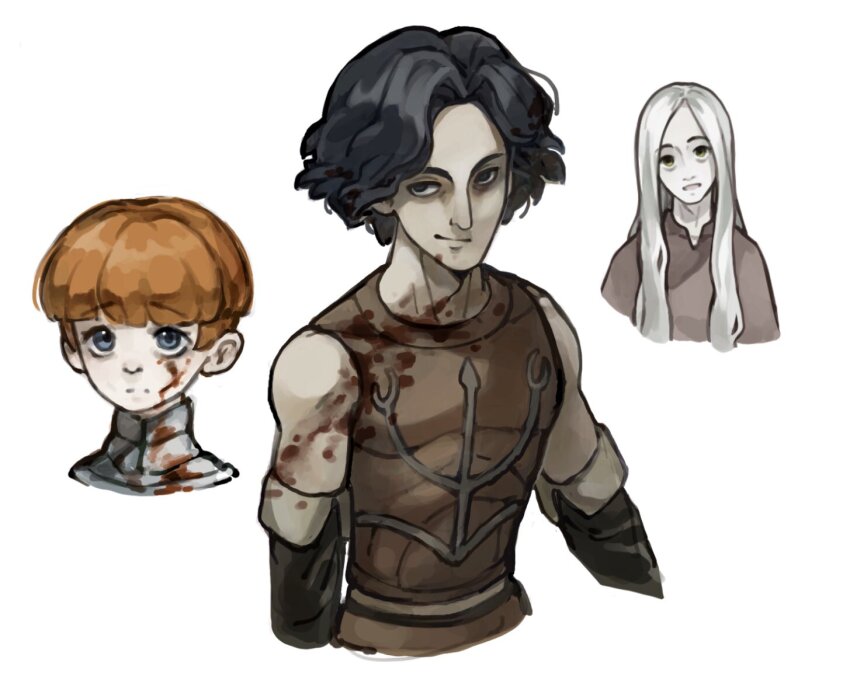 1girl 2boys armor bare_shoulders black_gloves black_hair blood blood_on_clothes blood_on_face blue_eyes bowl_cut brown_robe cahara_(fear_&amp;_hunger) closed_mouth commentary cropped_shoulders cropped_torso d&#039;arce_(fear_&amp;_hunger) elbow_gloves fear_&amp;_hunger_(series) fear_&amp;_hunger_1 gloves kingjoshua leather_armor long_hair looking_at_viewer multiple_boys nosramus_(fear_&amp;_hunger) orange_hair parted_lips robe short_hair simple_background smile split_mouth white_background white_hair