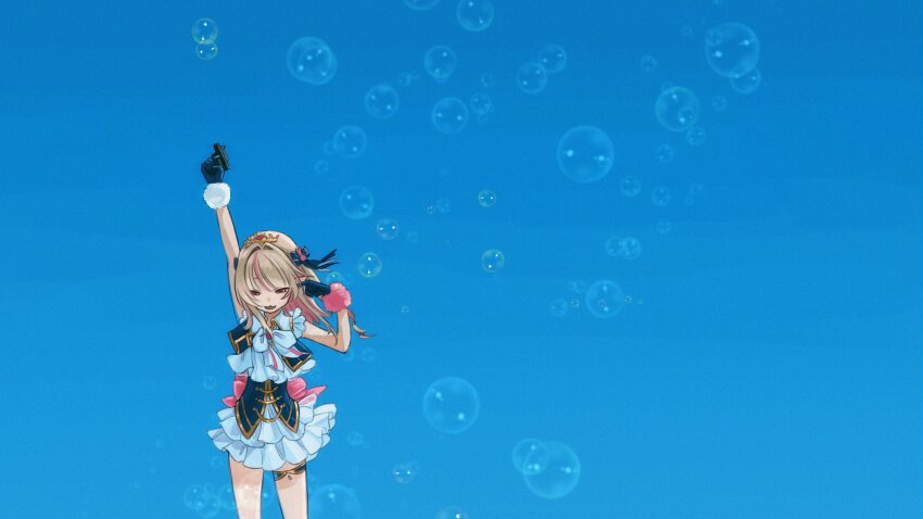 1girl :3 absurdres arms_up back_ribbon bare_arms black_corset black_gloves black_ribbon black_vest blue_background blue_sky blunt_bangs bow bowtie bubble collared_shirt colored_inner_hair corset cowboy_shot cropped_vest drill_hair finger_in_ear frilled_shirt frilled_skirt frilled_sleeves frills fur-trimmed_gloves fur_trim gloves gold_trim grey_hair hair_intakes hair_ornament hair_ribbon half-closed_eyes heart highres holding_toy_gun idol_clothes jewelry koze_niire layered_skirt long_hair makaino_ririmu miniskirt multicolored_hair nijisanji nijisanji_idol_uniform official_alternate_costume open_clothes open_vest parted_lips pink_brooch pink_fur pink_hair pink_ribbon pointy_ears rabbit_hair_ornament red_eyes ribbon shirt sidelocks skirt sky solo standing streaked_hair thigh_strap tiara two_side_up vest virtual_youtuber white_bow white_bowtie white_fur white_shirt white_skirt wind