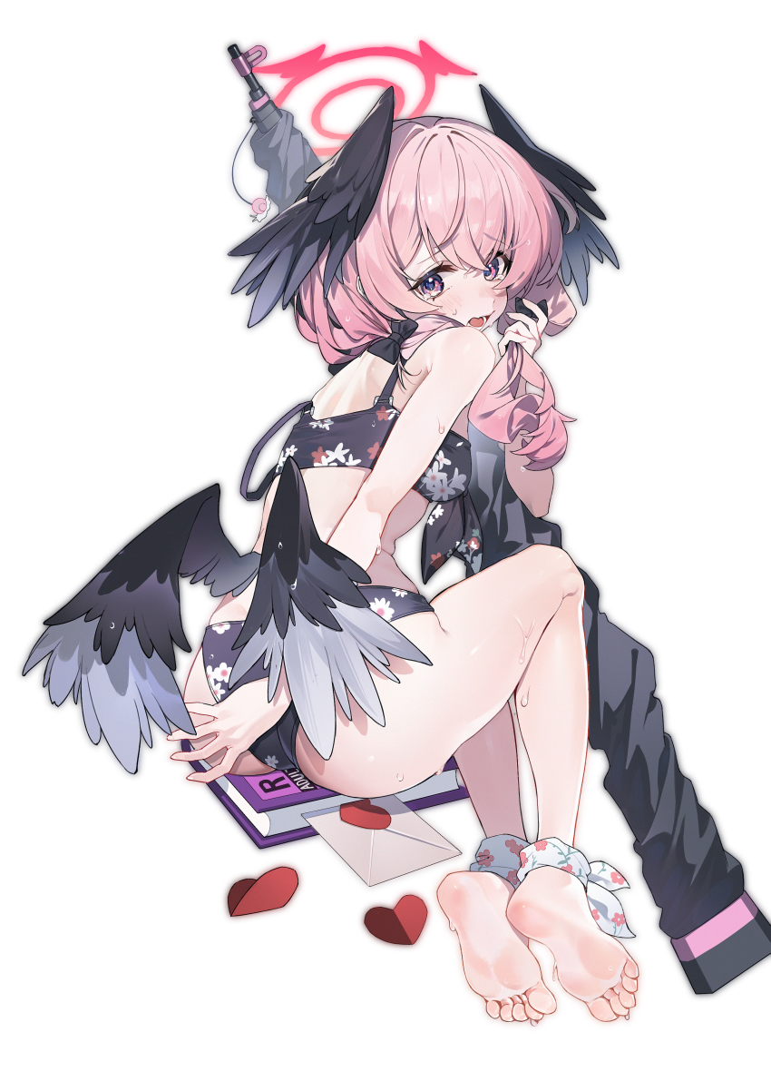1girl absurdres barefoot bikini black_bikini blue_archive blush bow feathered_wings hair_bow halo head_wings highres koharu_(blue_archive) low_twintails lushi_jin_up official_alternate_costume pink_eyes pink_hair swimsuit tagme toes twintails wings