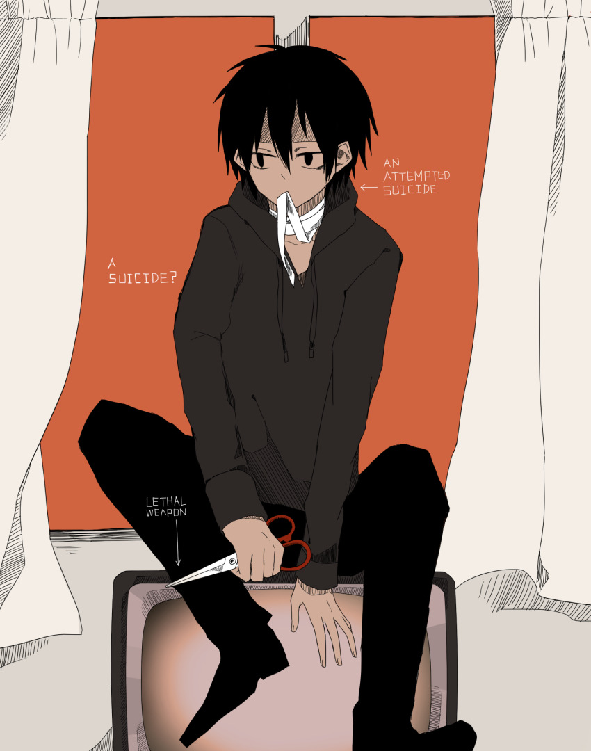1boy ? arrow_(symbol) attempted_suicide bandaged_neck bandages between_legs black_eyes black_hair black_shoes commentary commentary_request covered_mouth curtains drawstring empty_eyes english_text grey_hoodie hand_between_legs highres holding holding_scissors hood hood_down hoodie kagerou_project kisaragi_shintarou legs_apart limited_palette long_sleeves looking_away male_focus mekakucity_actors monitor mouth_hold no_sclera partial_commentary scissors shigunohito shoes short_hair sitting sitting_on_object window